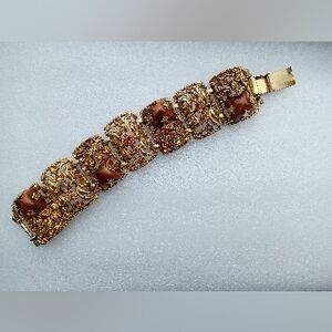 Vintage Gold Tone Bracelet Filligree Link Amber Rhinestones Art Glass Cabochons